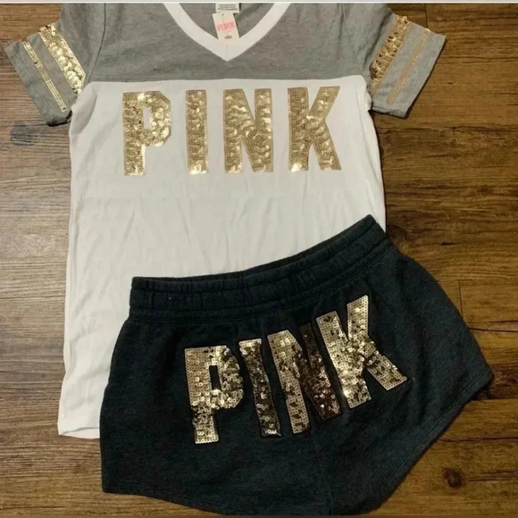 VS PINK BLING EVERYDAY TSHIRT/RETRO
SHORTS  OUTFIT SET S - Picture 1 of 11